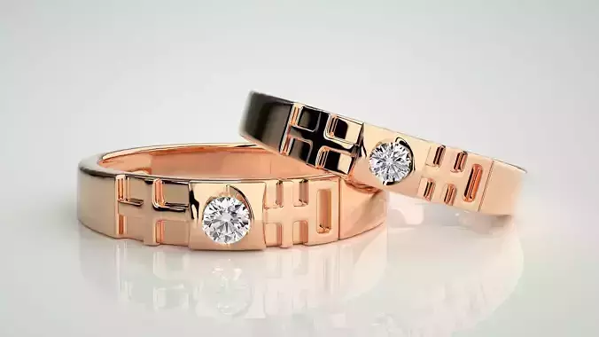Solitaire Couple Band Ring 3dm stl render detail