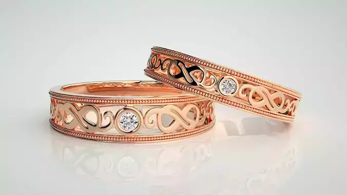 Solitaire Couple Band Ring 3dm stl render detail