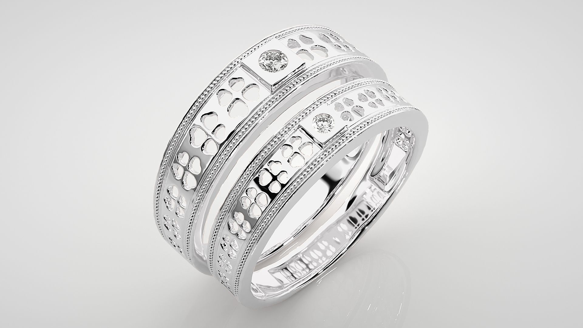 Flower Solitaire Couple Band Ring 3dm stl render detail 3D print model_7