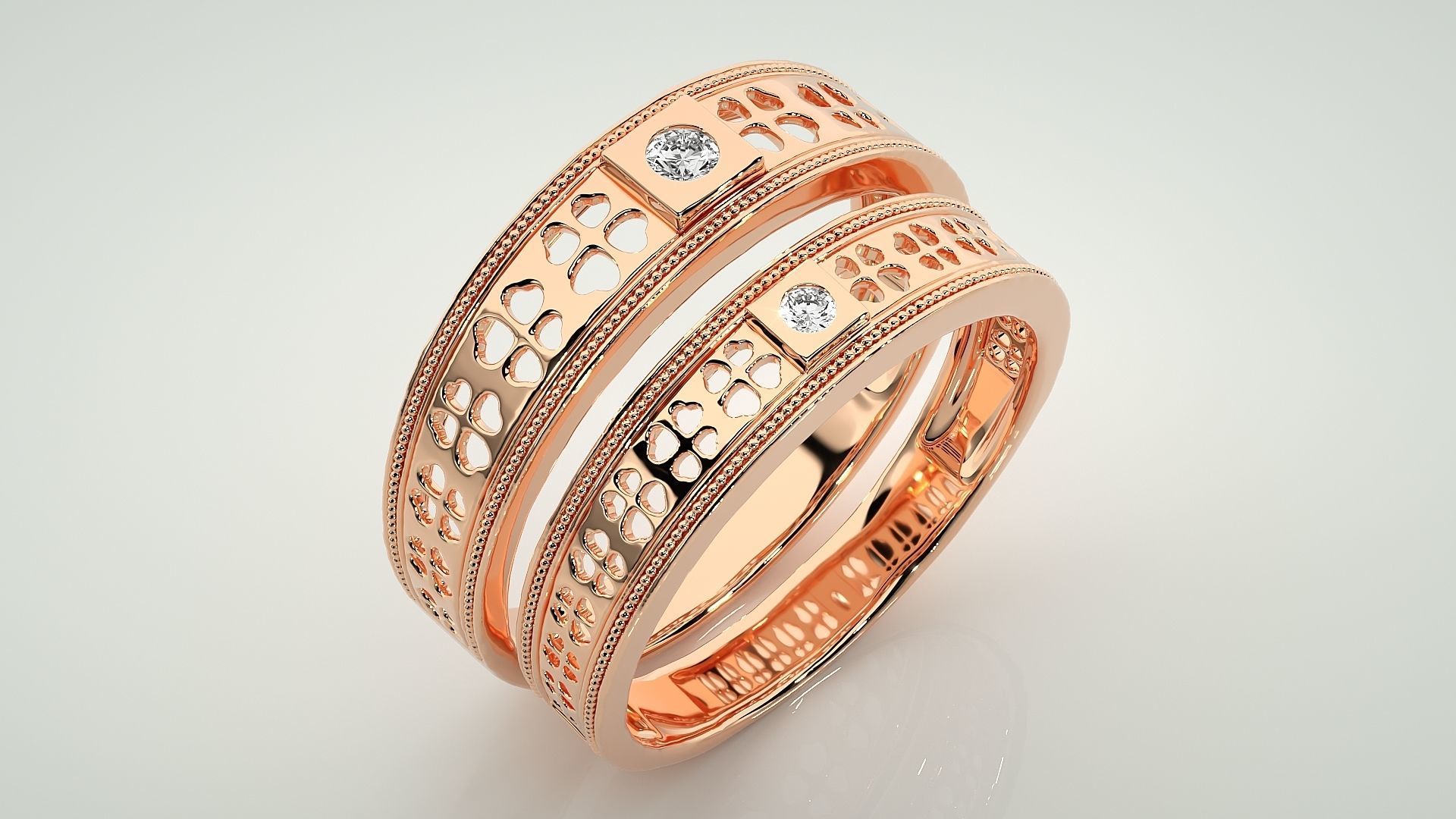 Flower Solitaire Couple Band Ring 3dm stl render detail 3D print model_3