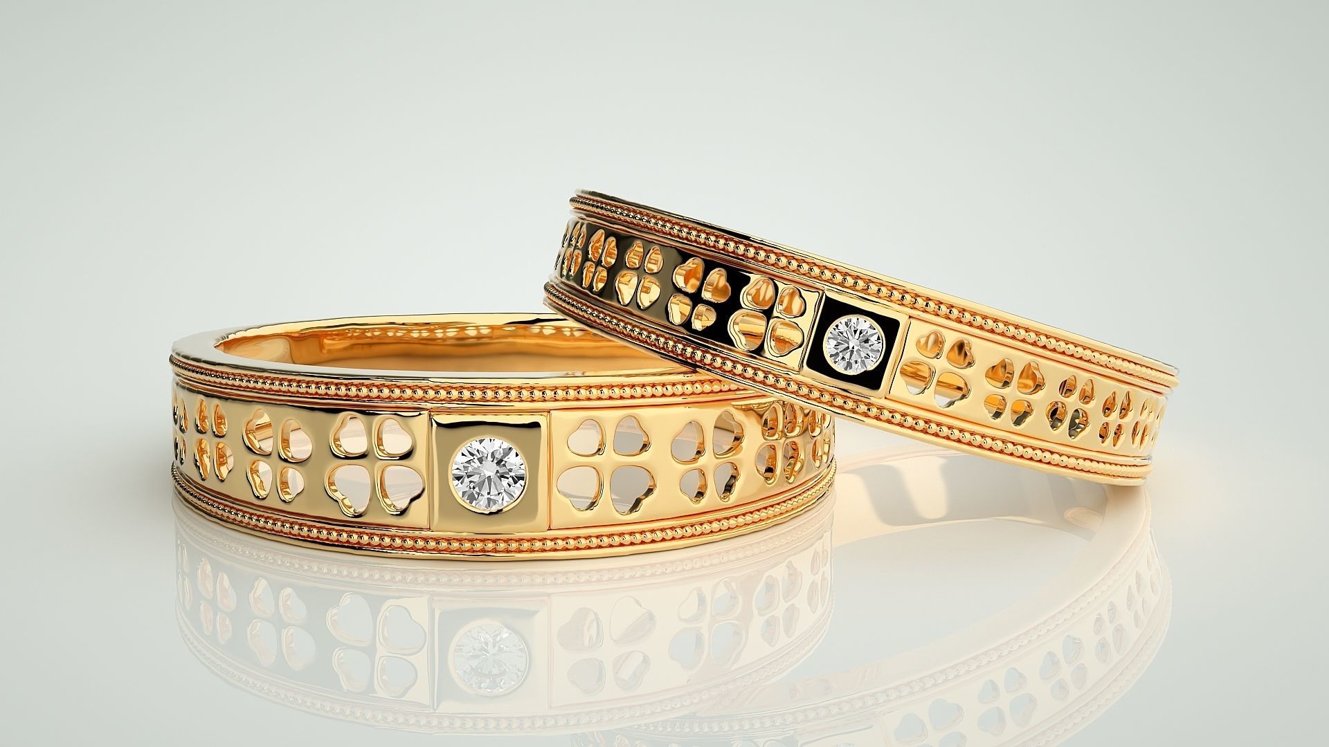 Flower Solitaire Couple Band Ring 3dm stl render detail 3D print model_8