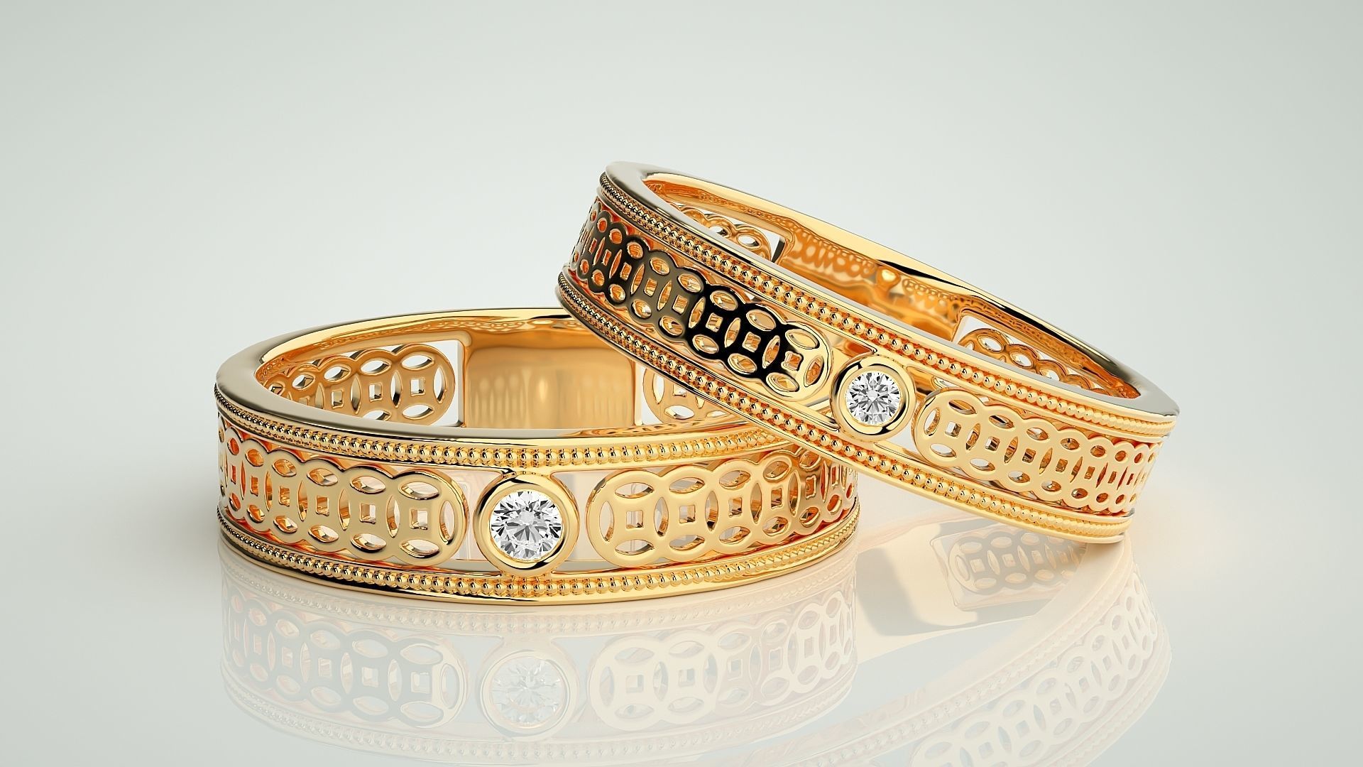 Mesh Solitaire Couple Band Ring 3dm stl render detail 3D print model_8