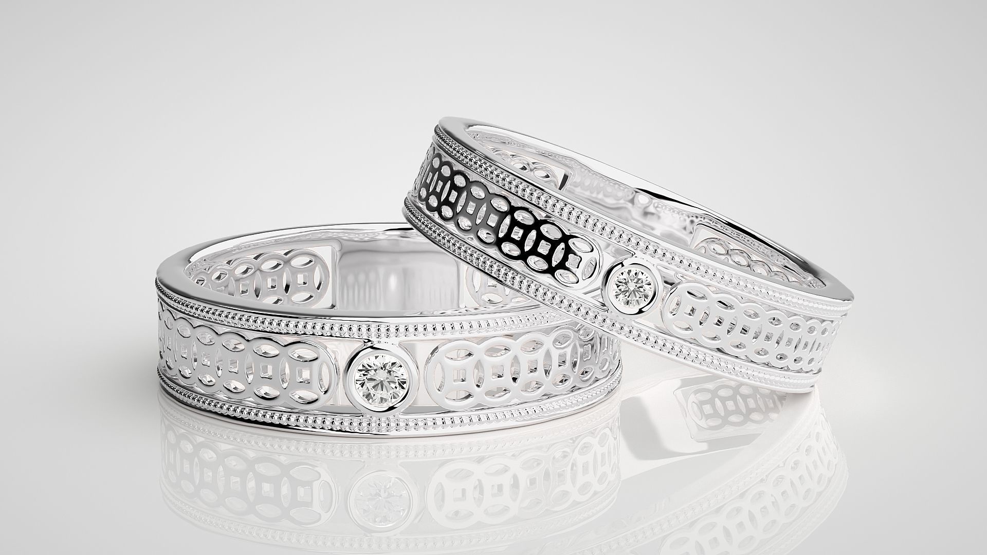 Mesh Solitaire Couple Band Ring 3dm stl render detail 3D print model_4