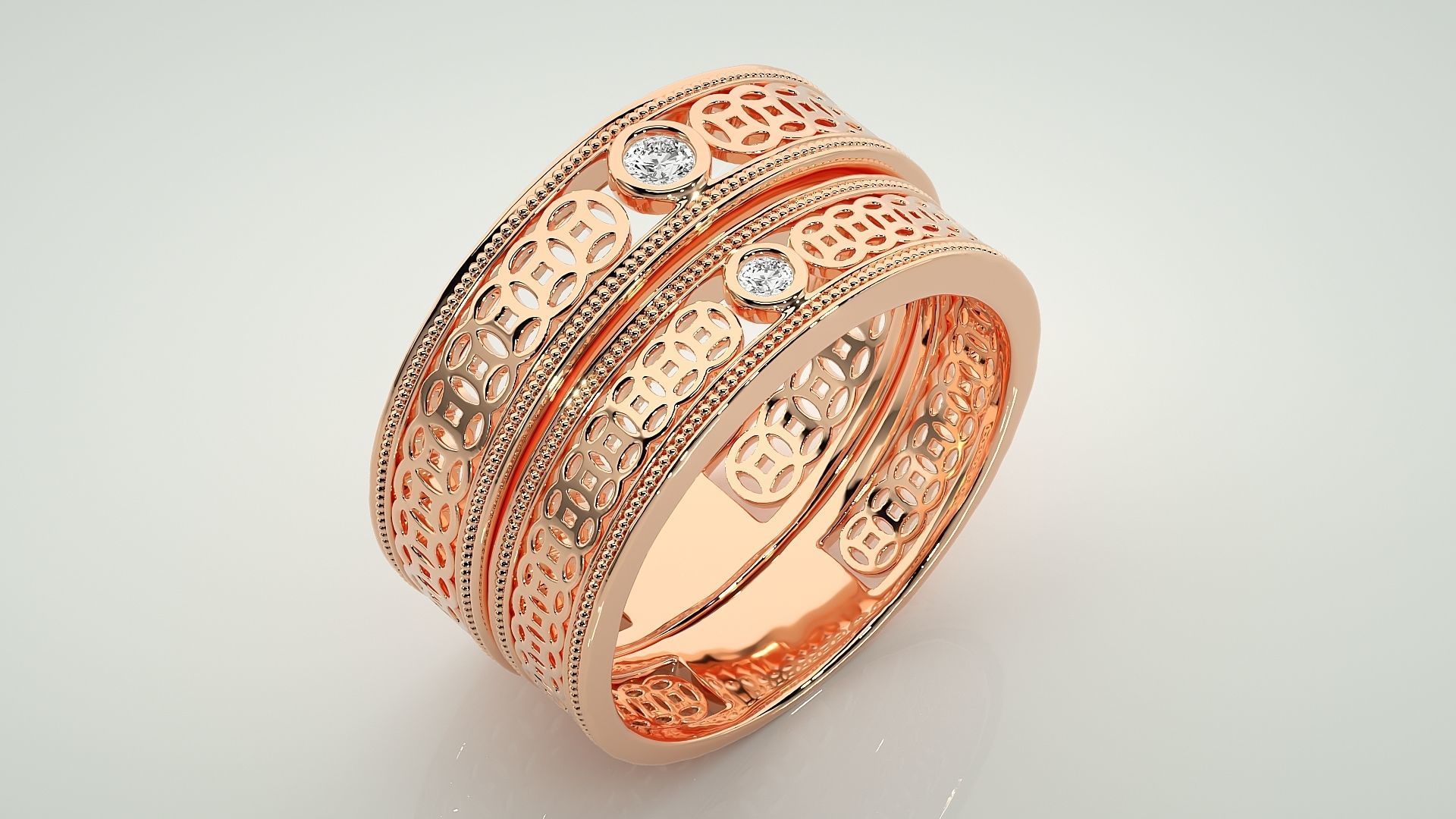 Mesh Solitaire Couple Band Ring 3dm stl render detail 3D print model_3