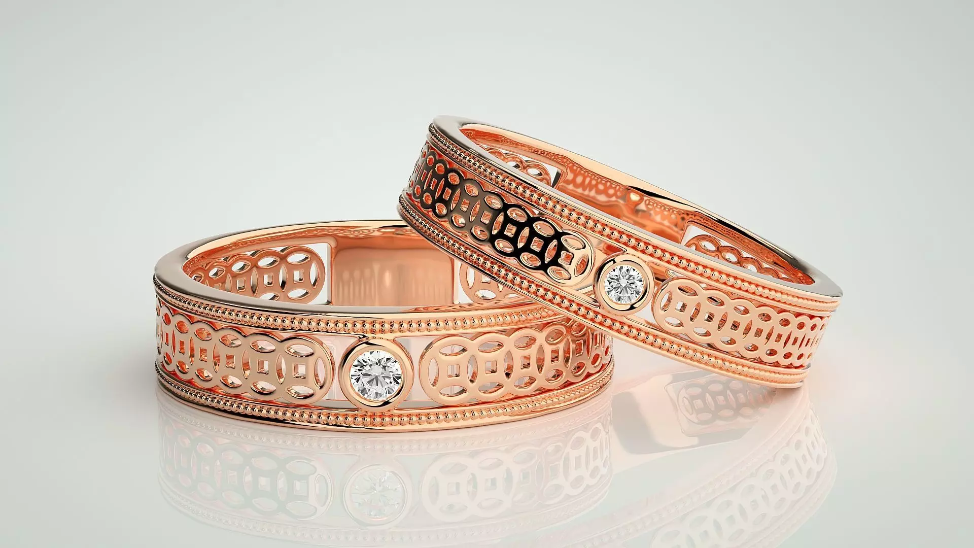 Mesh Solitaire Couple Band Ring 3dm stl render detail 3D print model_0