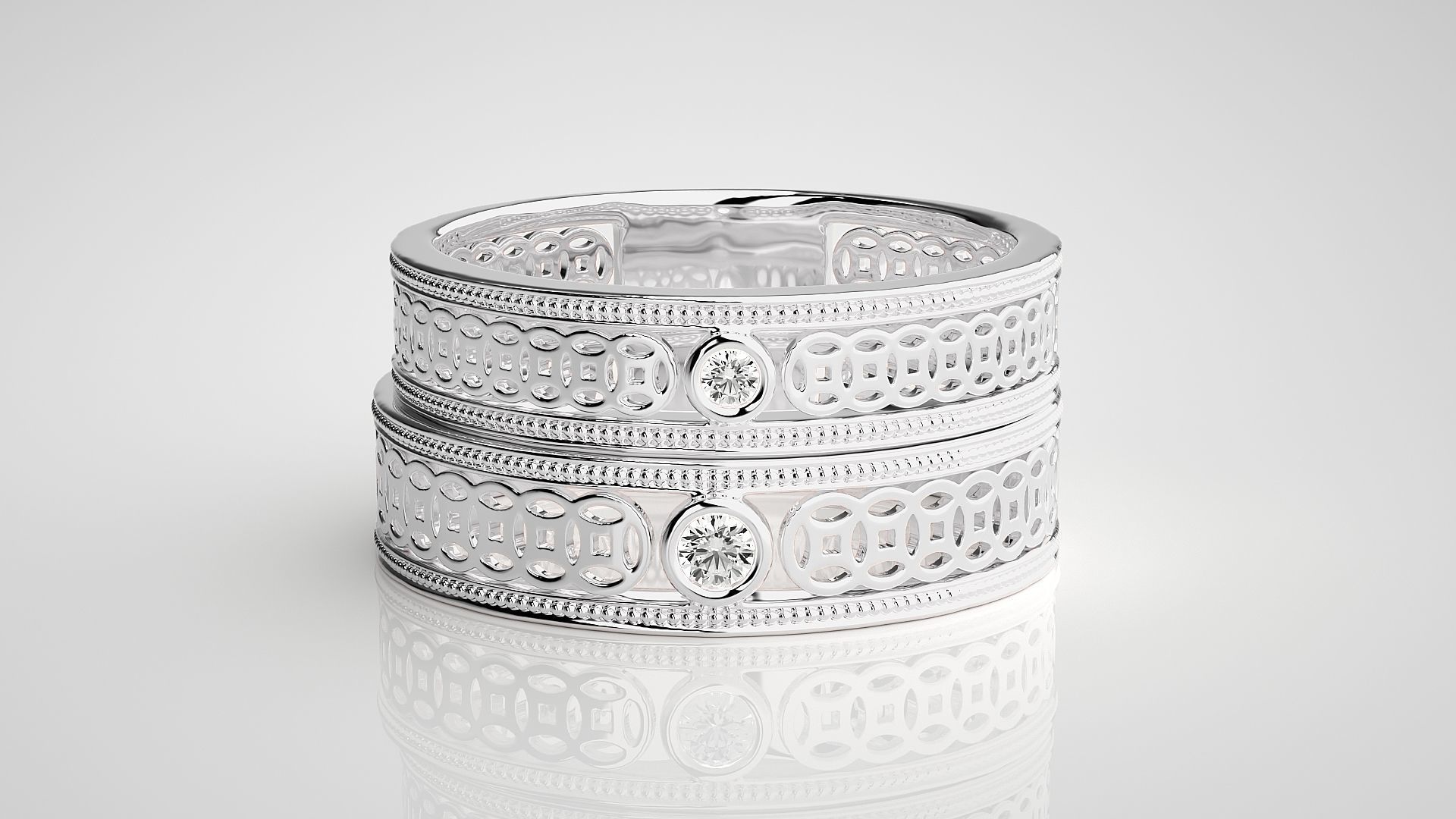 Mesh Solitaire Couple Band Ring 3dm stl render detail 3D print model_6