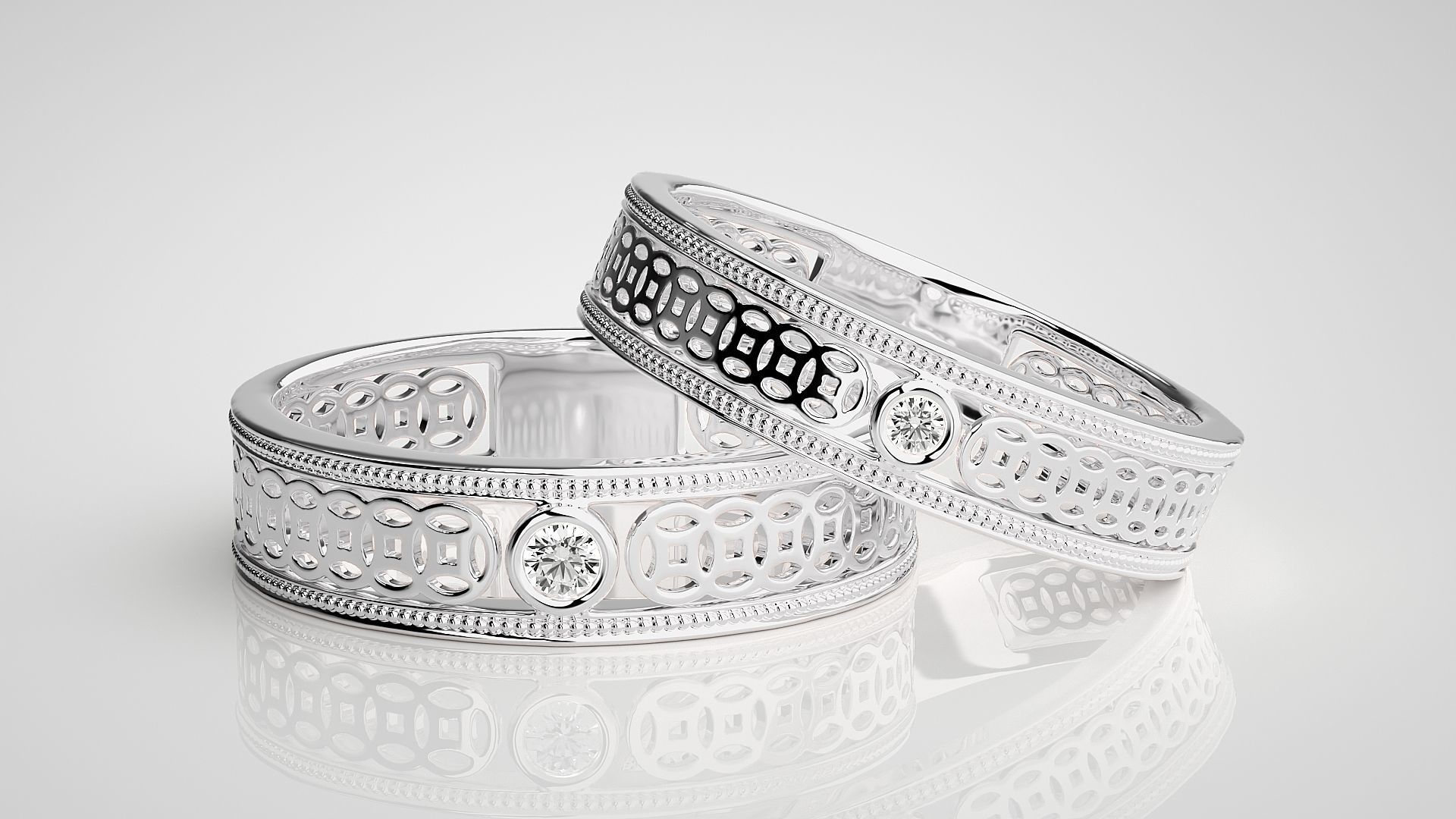 Mesh Solitaire Couple Band Ring 3dm stl render detail 3D print model_4