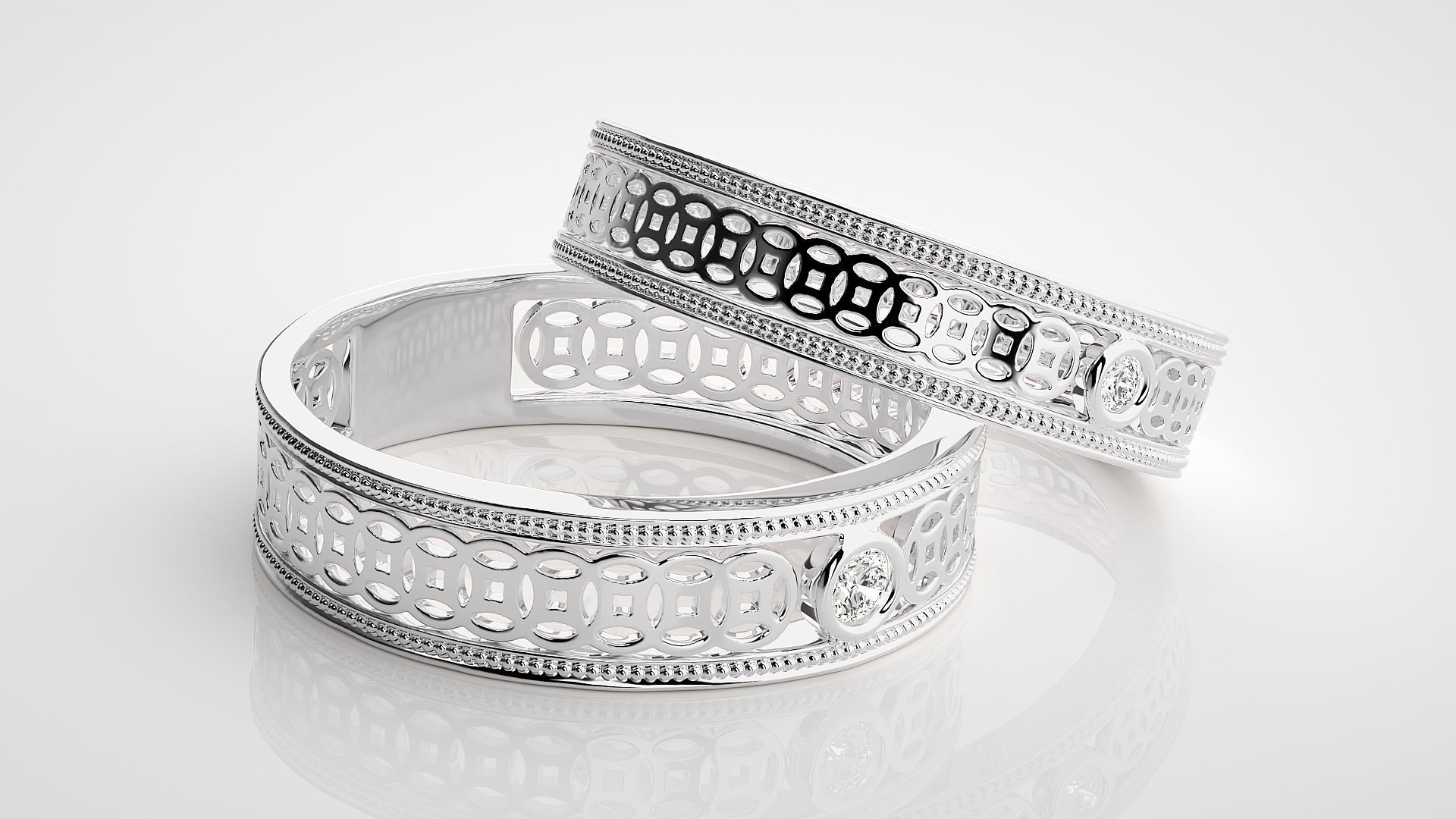 Mesh Solitaire Couple Band Ring 3dm stl render detail 3D print model_5