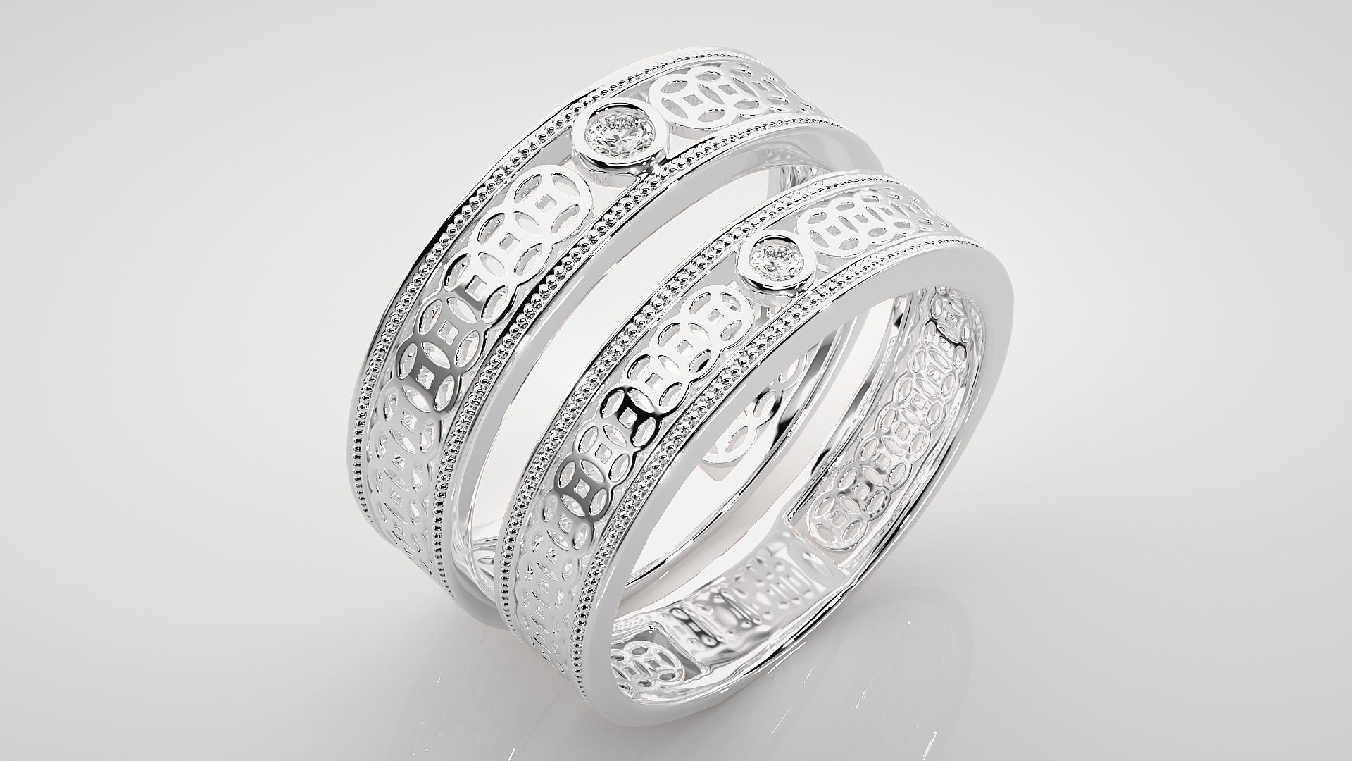 Mesh Solitaire Couple Band Ring 3dm stl render detail 3D print model_7