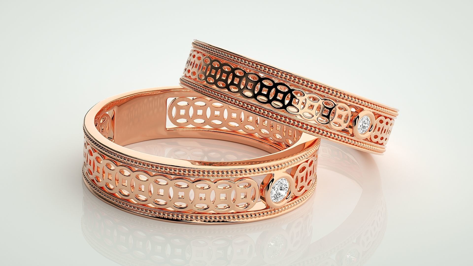 Mesh Solitaire Couple Band Ring 3dm stl render detail 3D print model_1