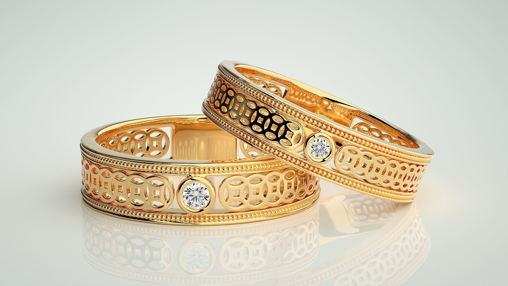 Mesh Solitaire Couple Band Ring 3dm stl render detail 3D print model_8