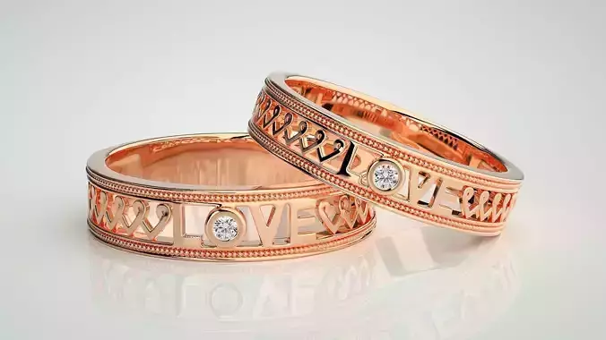 Solitaire Couple Band Ring 3dm stl render detail