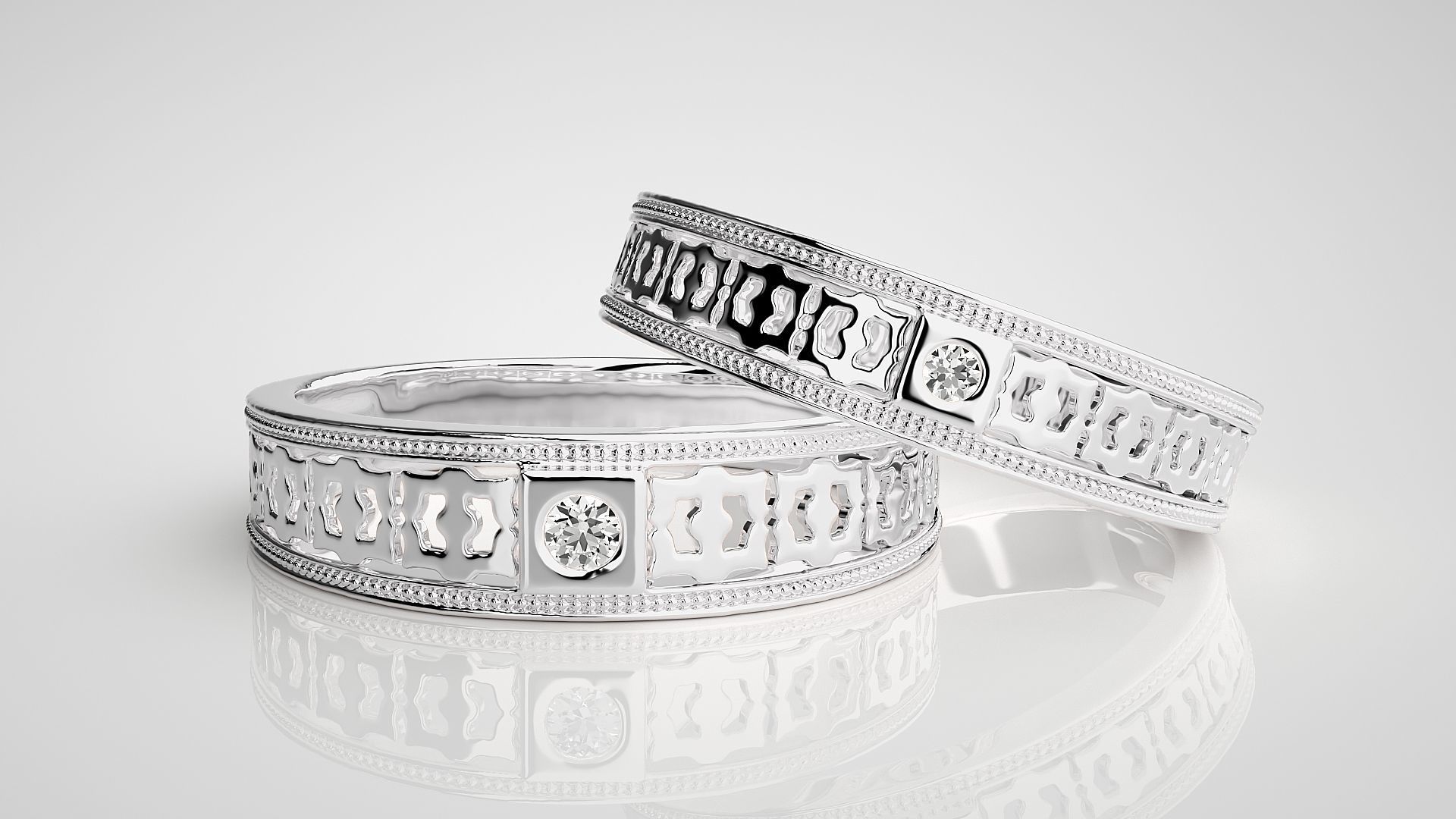 Mesh Solitaire Couple Band Ring 3dm stl render detail 3D print model_5