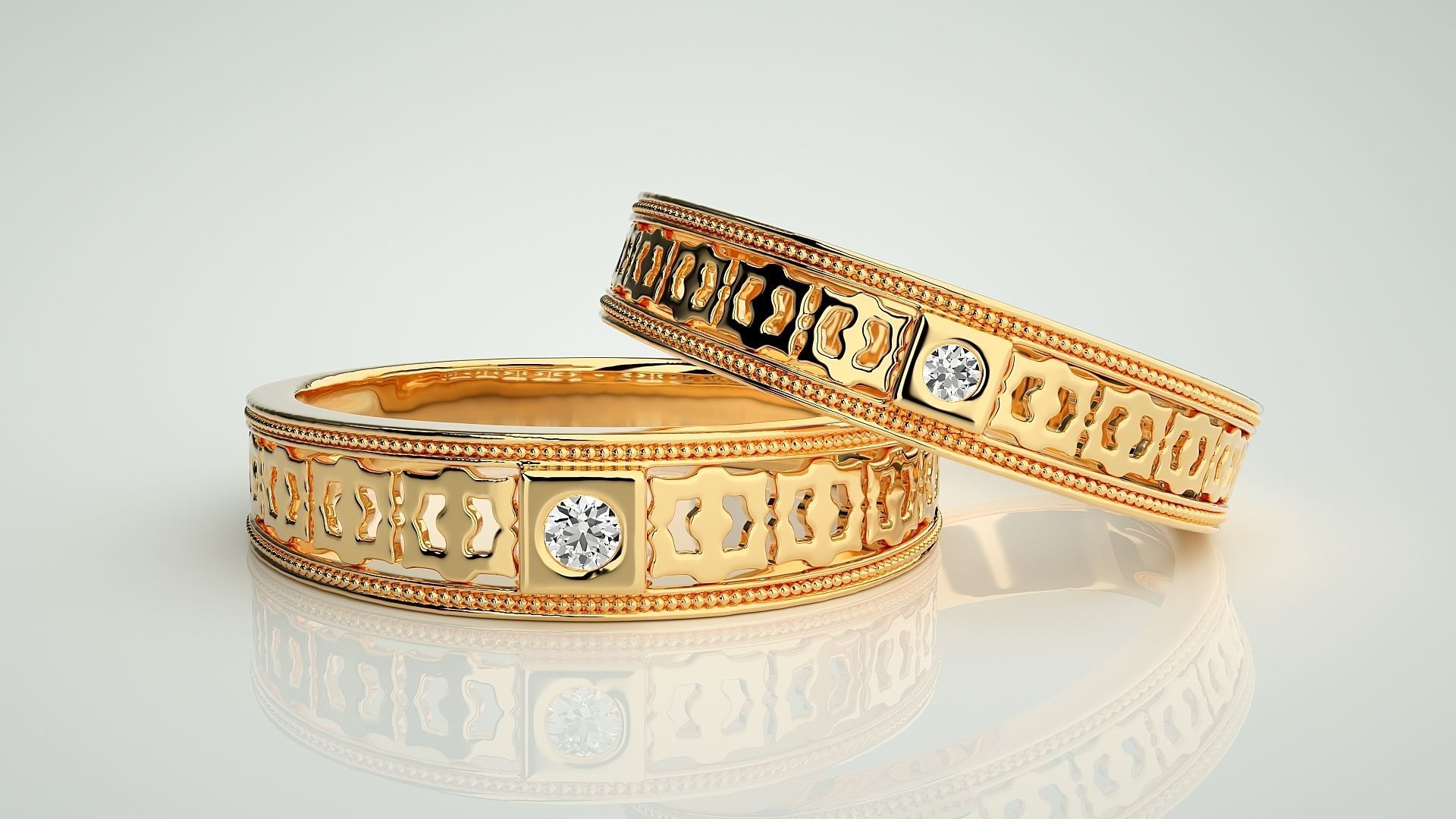 Mesh Solitaire Couple Band Ring 3dm stl render detail 3D print model_9