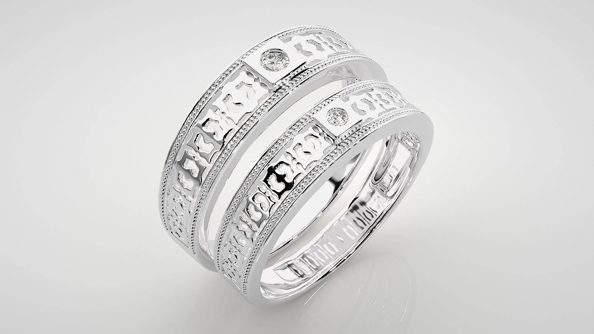 Mesh Solitaire Couple Band Ring 3dm stl render detail 3D print model_8