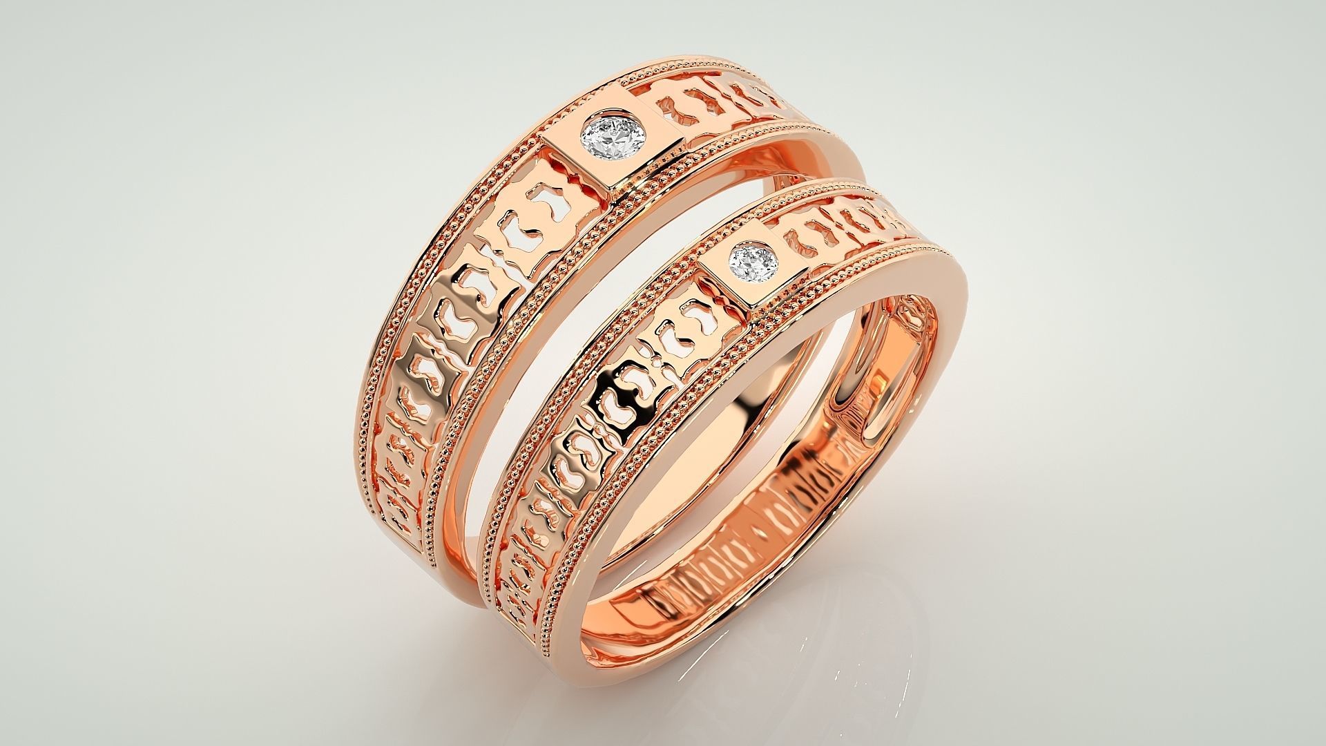 Mesh Solitaire Couple Band Ring 3dm stl render detail 3D print model_3