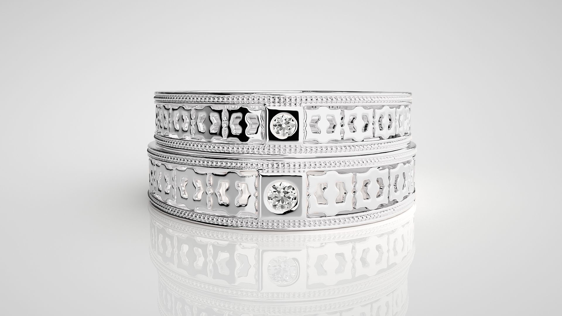 Mesh Solitaire Couple Band Ring 3dm stl render detail 3D print model_7