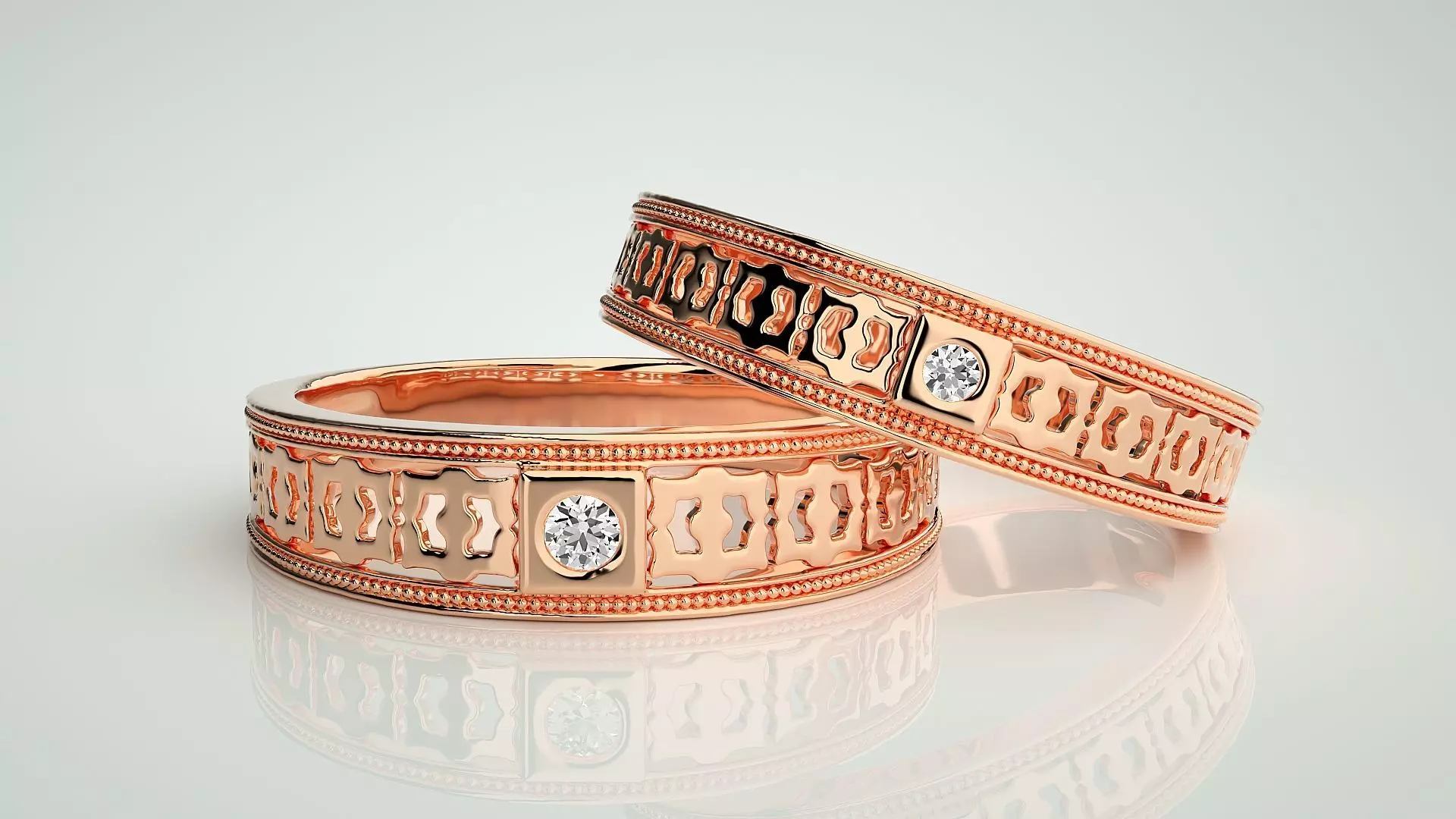Mesh Solitaire Couple Band Ring 3dm stl render detail 3D print model_0