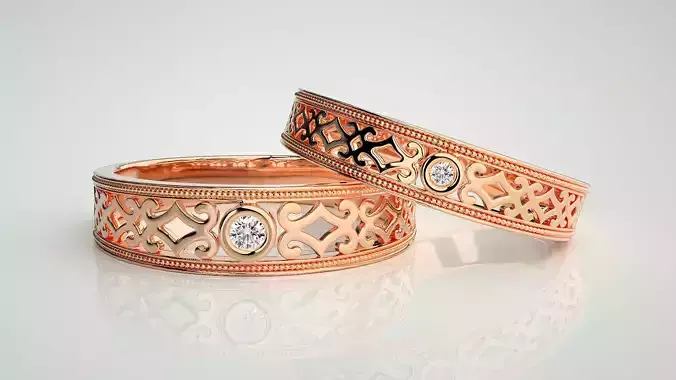 Solitaire Couple Band Ring 3dm stl render detail