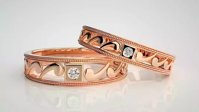 Solitaire Couple Band Ring 3dm stl render detail