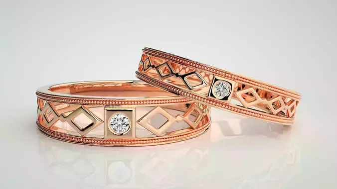 Solitaire Couple Band Ring 3dm stl render detail