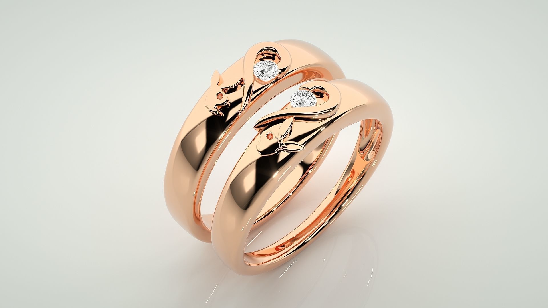 Playboy Bunny Heart Solitaire Couple Band Ring 3dm stl render  3D print model_3