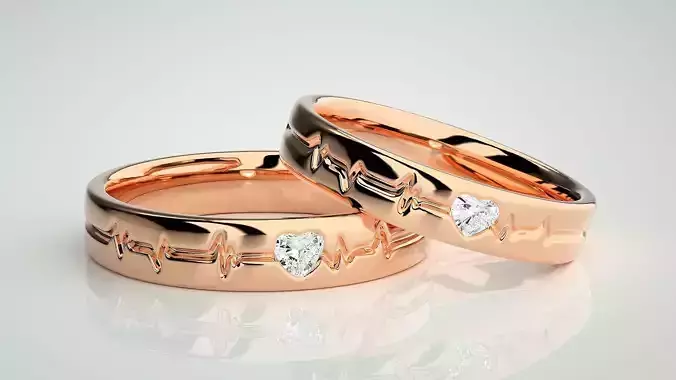 Heart Beat line Solitaire Love Couple Band Ring 3dm stl render 3D print model