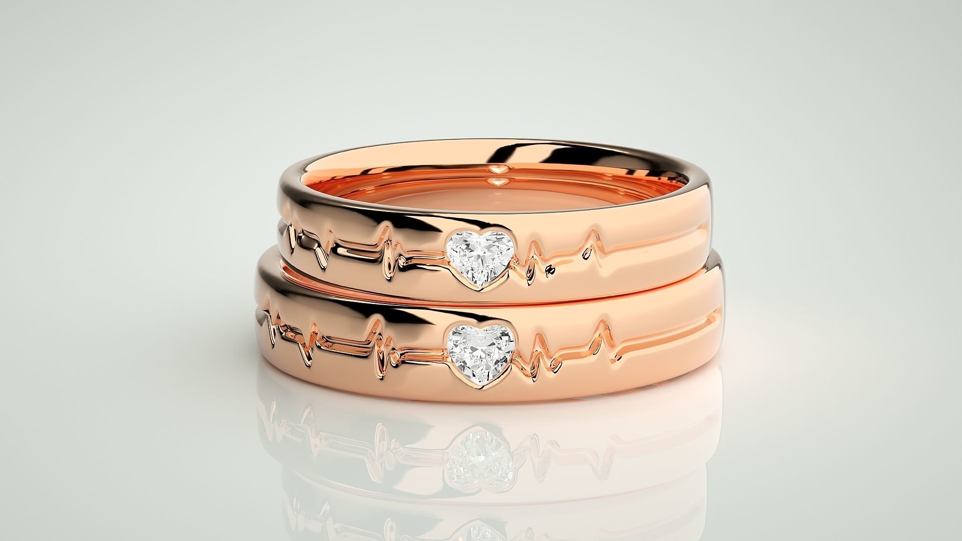 Heart Beat line Solitaire Love Couple Band Ring 3dm stl render 3D print model_2