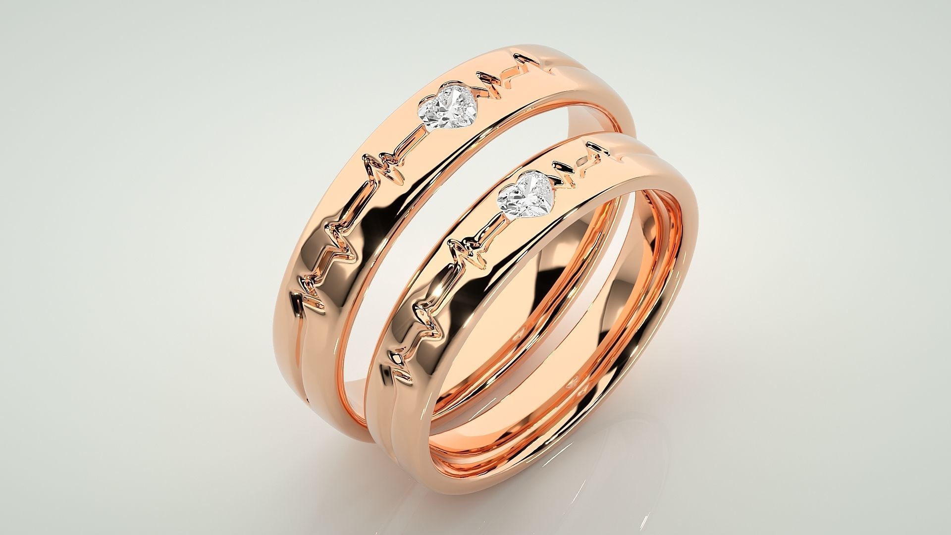 Heart Beat line Solitaire Love Couple Band Ring 3dm stl render 3D print model_4