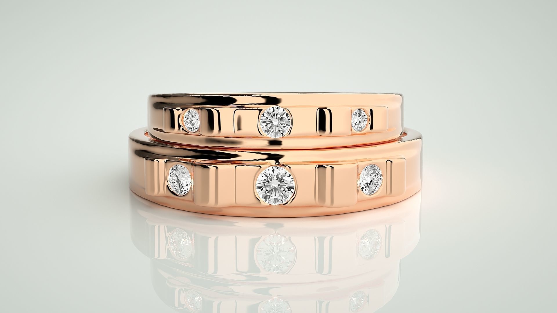 Tri-Diamond Couple Band Ring 3dm stl render detail 3D print model_2