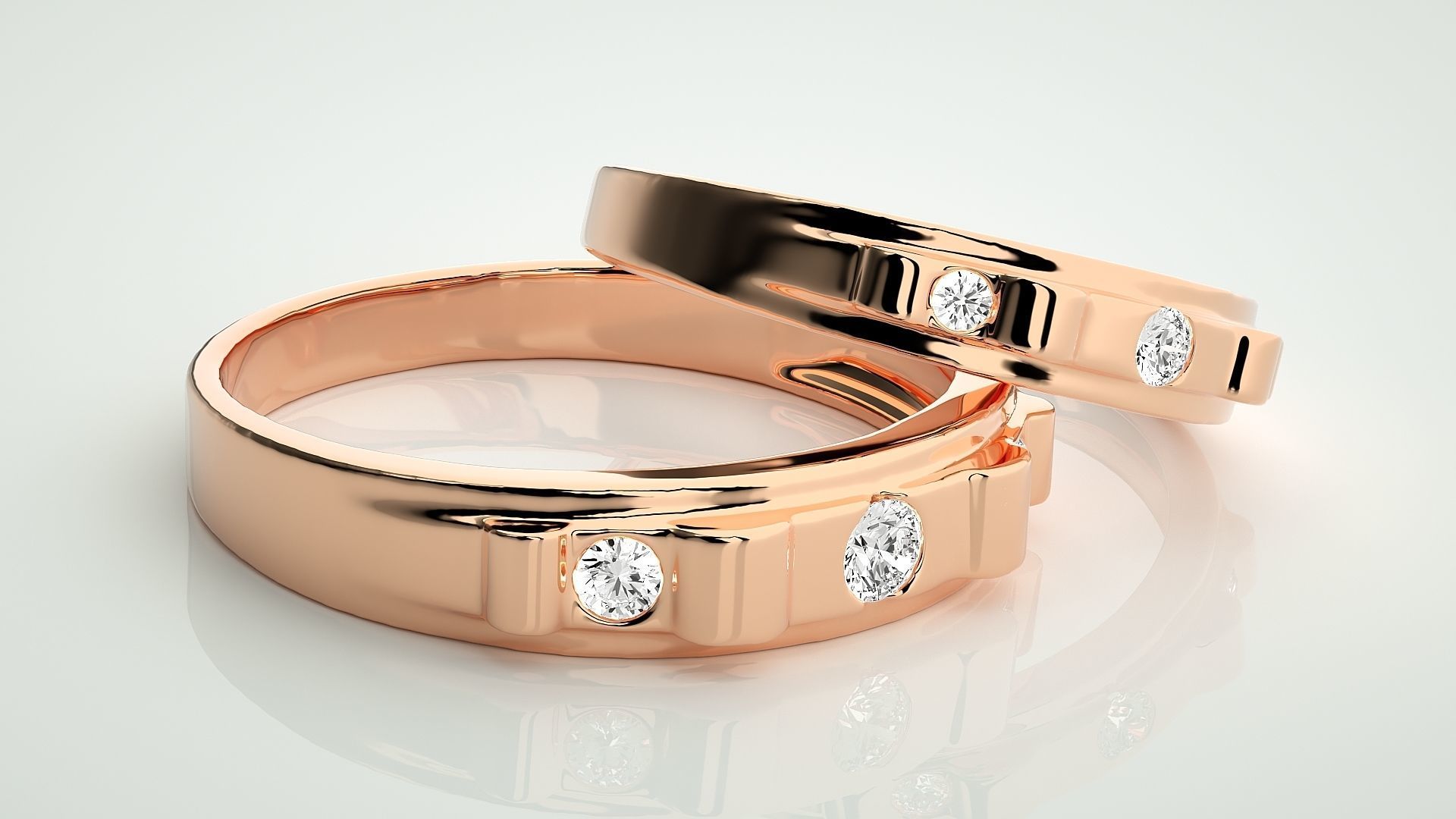 Tri-Diamond Couple Band Ring 3dm stl render detail 3D print model_1