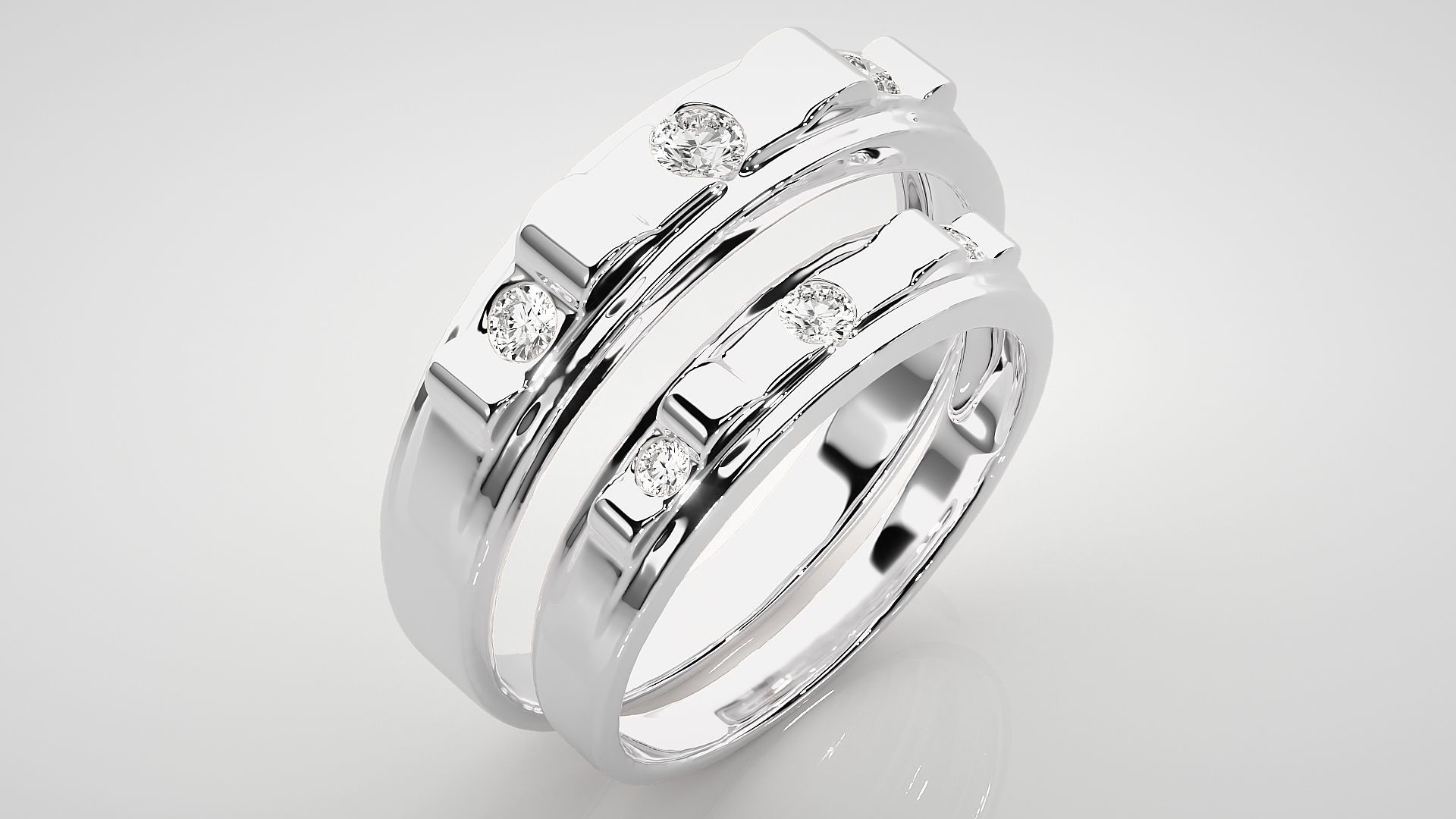 Tri-Diamond Couple Band Ring 3dm stl render detail 3D print model_8