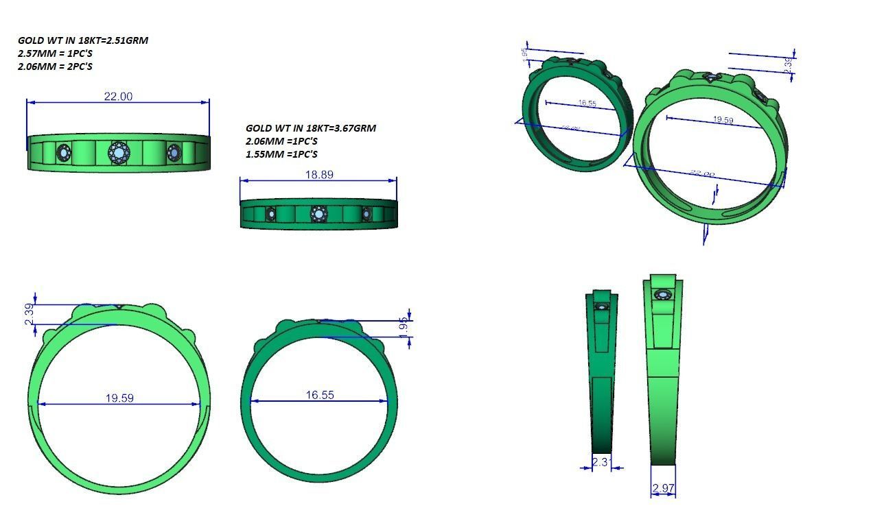 Tri-Diamond Couple Band Ring 3dm stl render detail 3D print model_3