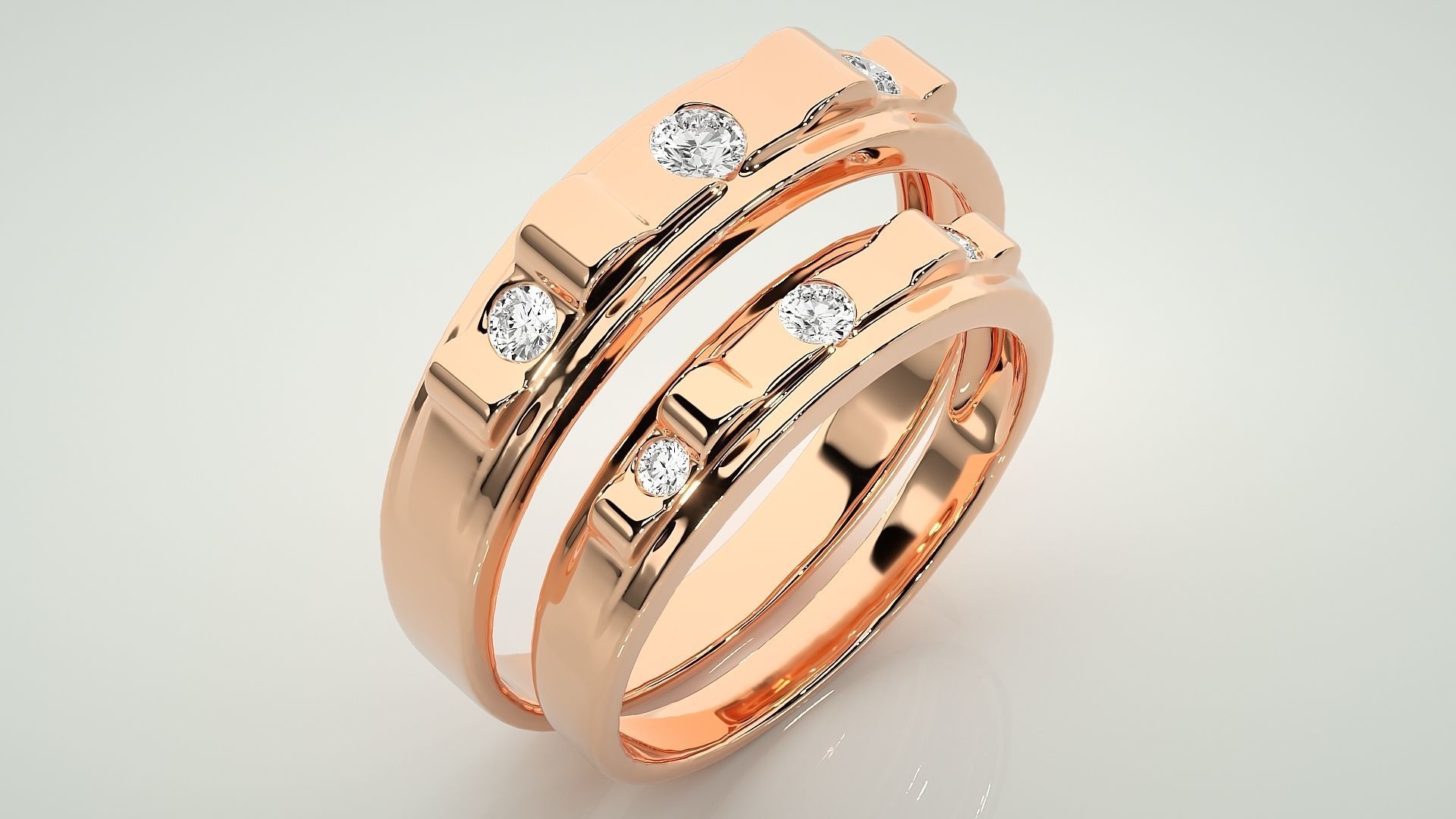 Tri-Diamond Couple Band Ring 3dm stl render detail 3D print model_4