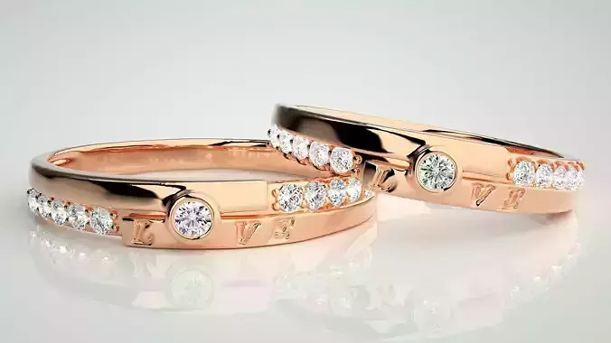 Solitaire Couple Band Ring 3dm stl render detail