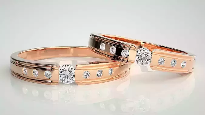 Solitaire Couple Band Ring 3dm stl render detail