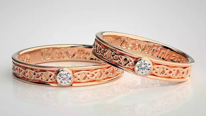 Solitaire Couple Band Ring 3dm stl render detail