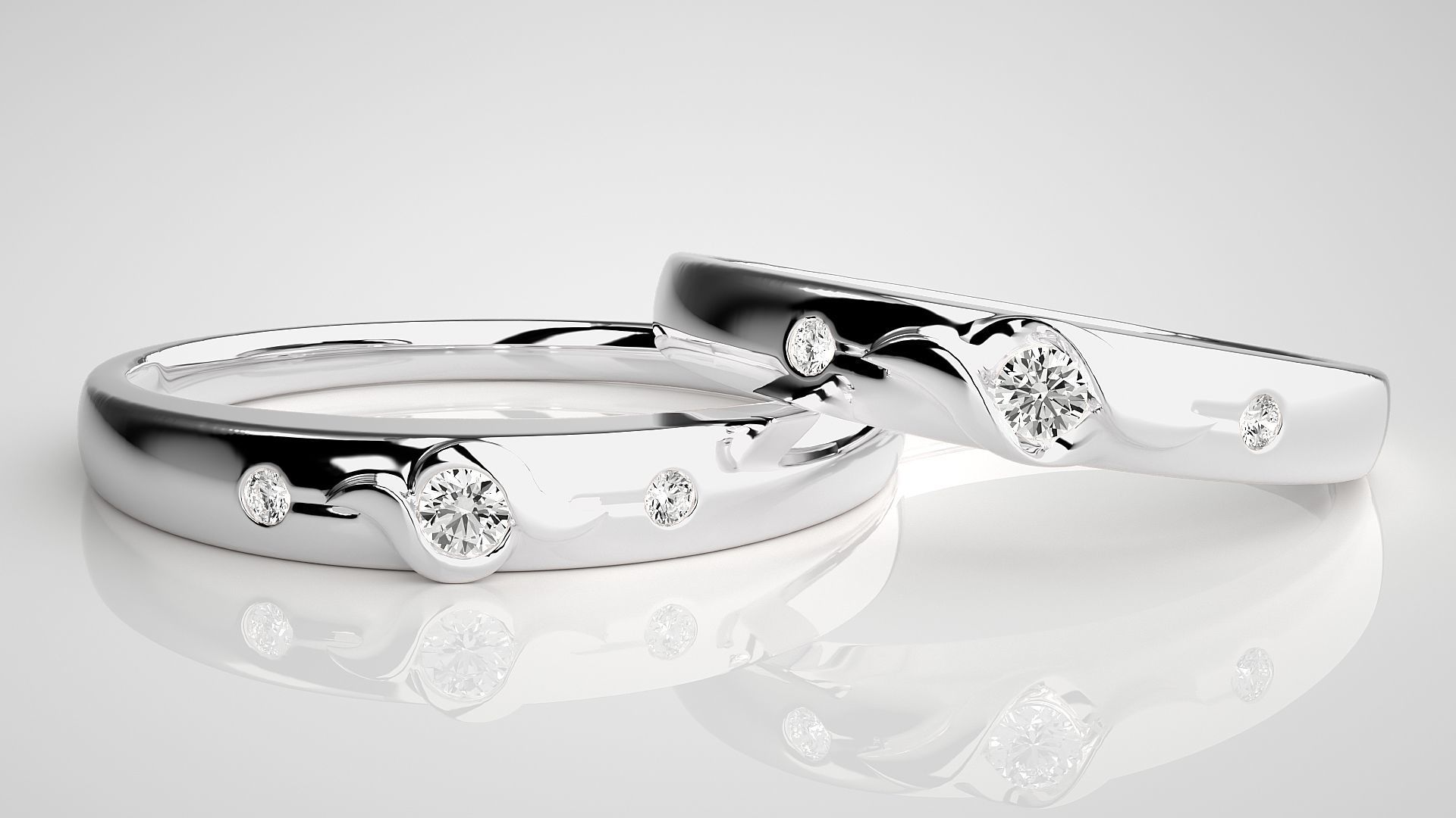 Tri-Diamond Couple Band Ring 3dm stl render detail 3D print model_5
