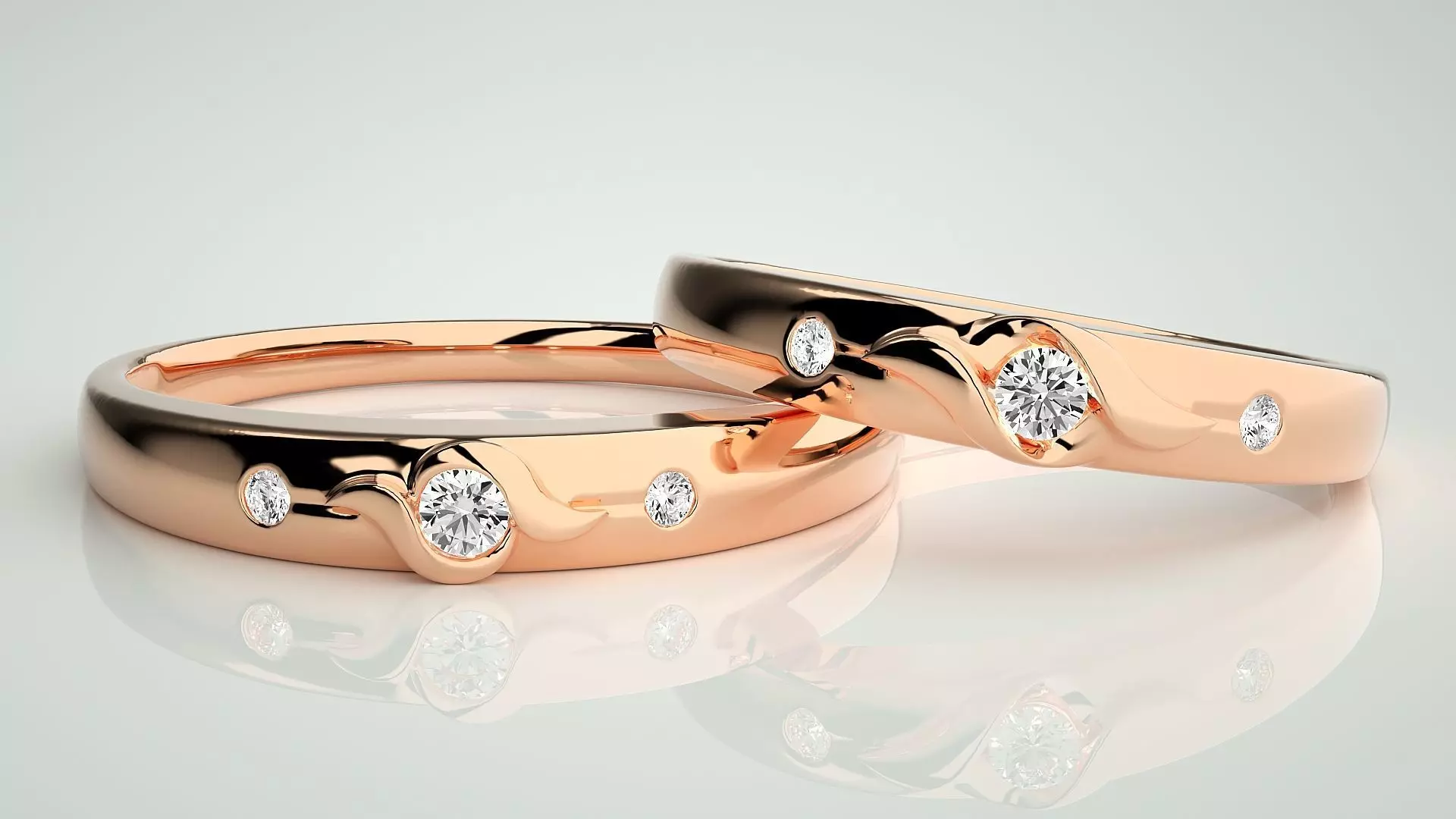 Tri-Diamond Couple Band Ring 3dm stl render detail 3D print model_0