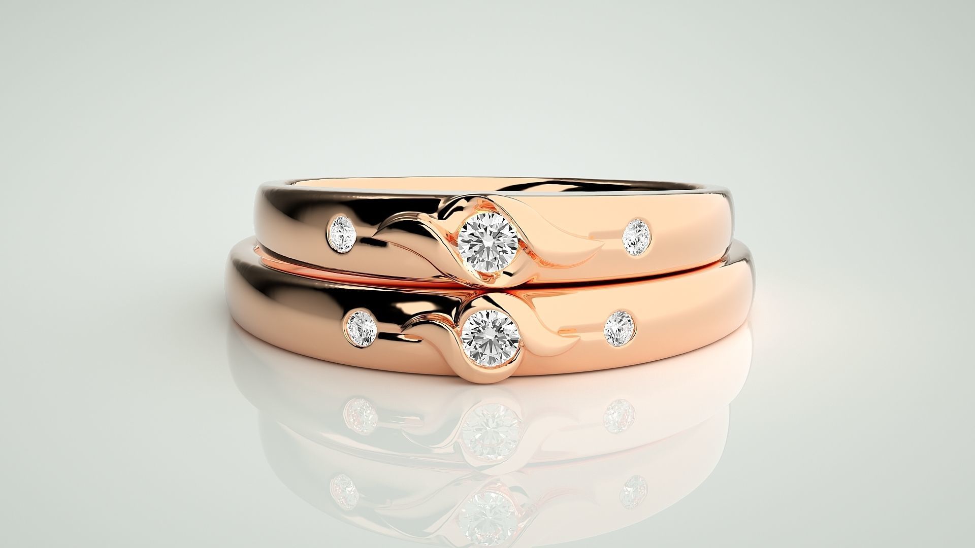 Tri-Diamond Couple Band Ring 3dm stl render detail 3D print model_2