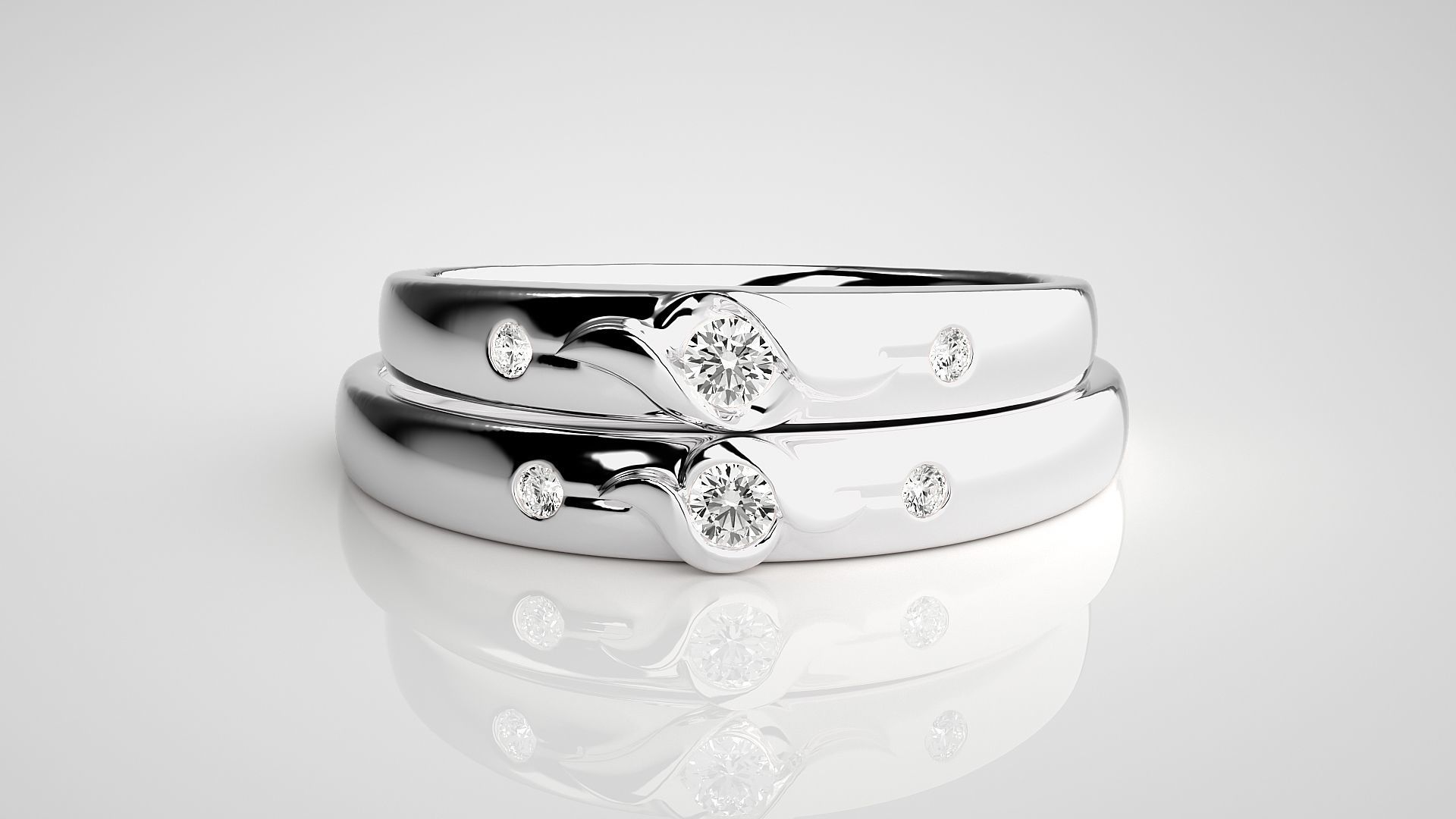 Tri-Diamond Couple Band Ring 3dm stl render detail 3D print model_7