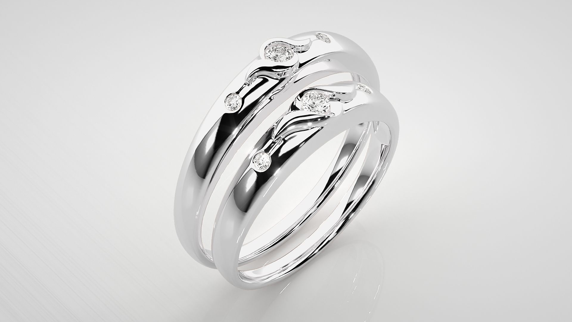 Tri-Diamond Couple Band Ring 3dm stl render detail 3D print model_8