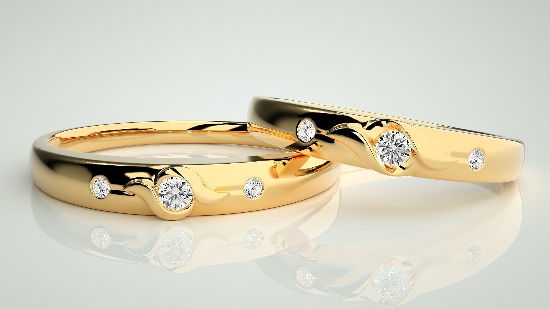 Tri-Diamond Couple Band Ring 3dm stl render detail 3D print model_9