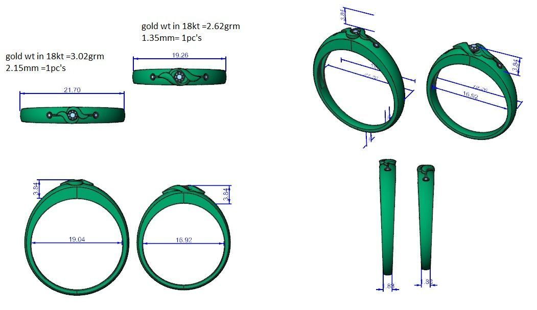 Tri-Diamond Couple Band Ring 3dm stl render detail 3D print model_3