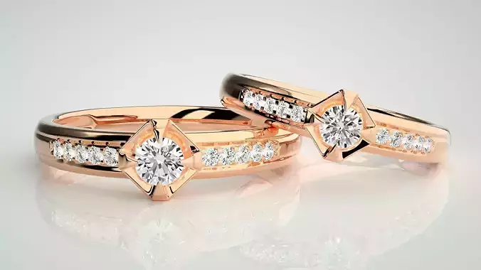 Solitaire Couple Band Ring 3dm stl render detail