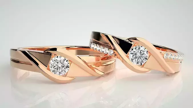 Solitaire Couple Band Ring 3dm stl render detail