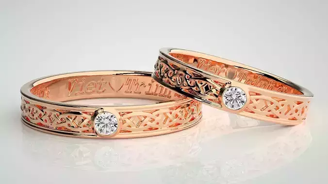 Solitaire Couple Band Ring 3dm stl render detail