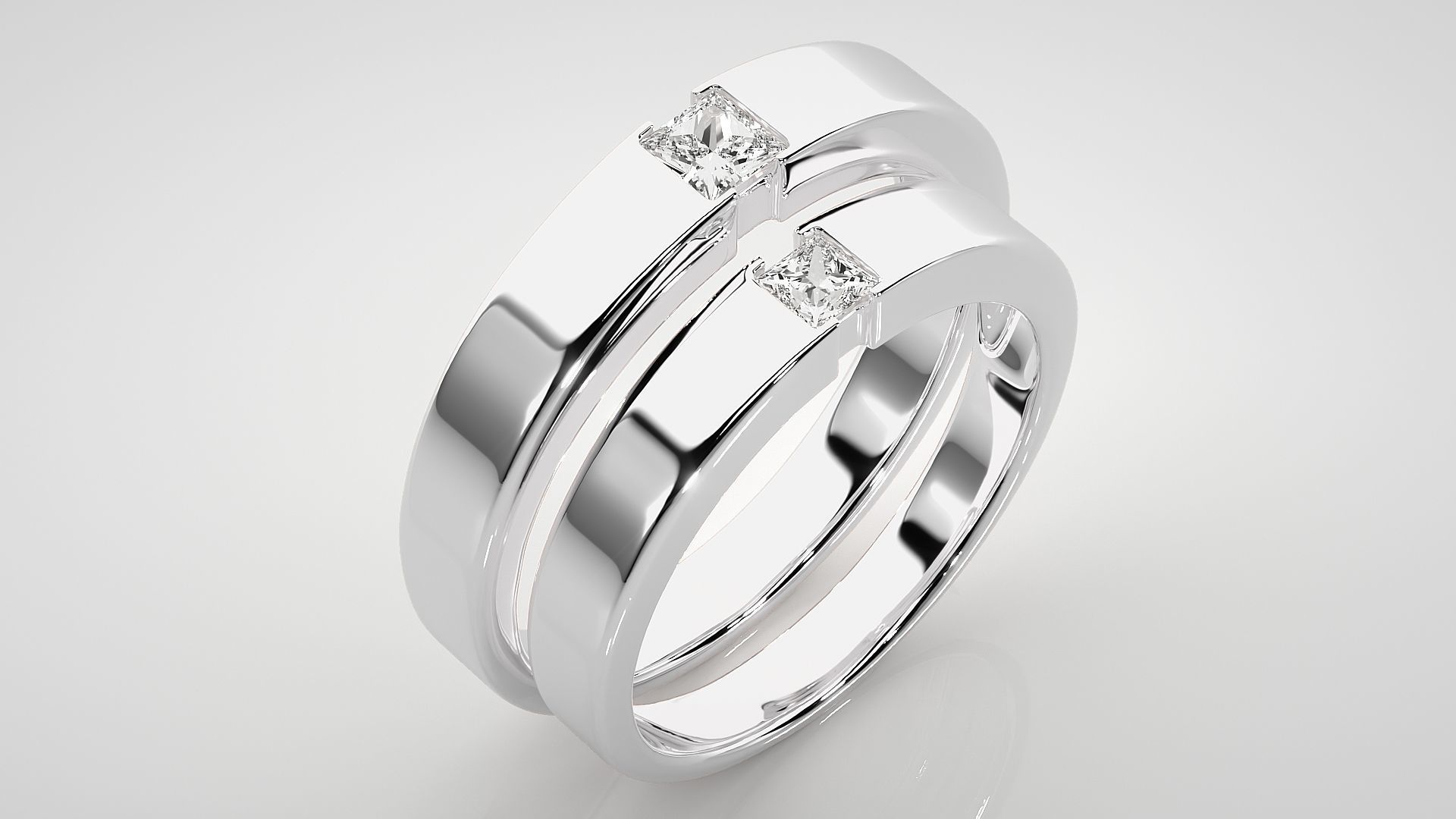Princess Solitaire Couple Band Ring 3dm stl render detail 3D print model_7