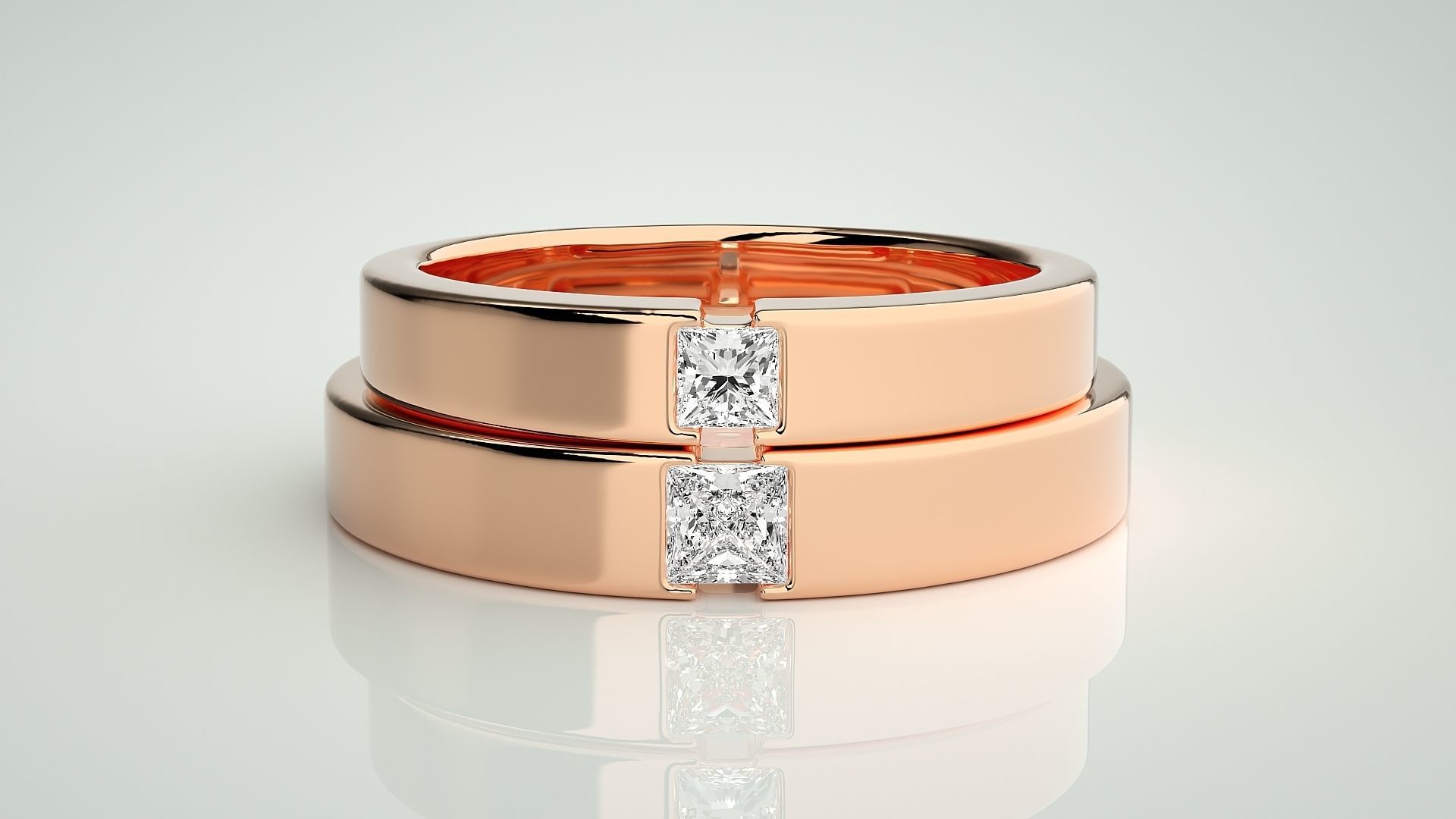 Princess Solitaire Couple Band Ring 3dm stl render detail 3D print model_2