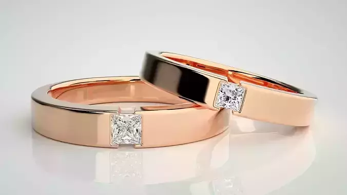 Princess Solitaire Couple Band Ring 3dm stl render detail 3D print model Princess Solitaire Couple Band Ring 3dm stl render detail 3D print model